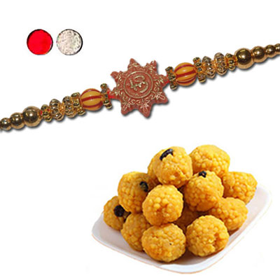 "Designer Fancy Rakhi - FR- 8100 A (Single Rakhi), 500gms of Laddu(ED) - Click here to View more details about this Product